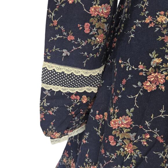 Gunne Sax Navy Blue Floral Midi Dress Size 9 S Prairie Calico Lace Polka Dot - Picture 8 of 9